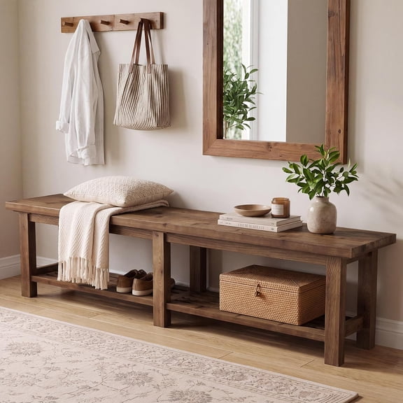 Finmind 71 in Solid Wood Entryway Bench with 2-Tier Storage, Farmhouse Shoe Bench & End of Bed Bench, Indoor Seating for Hallway, Bedroom, Dining Room, Brown