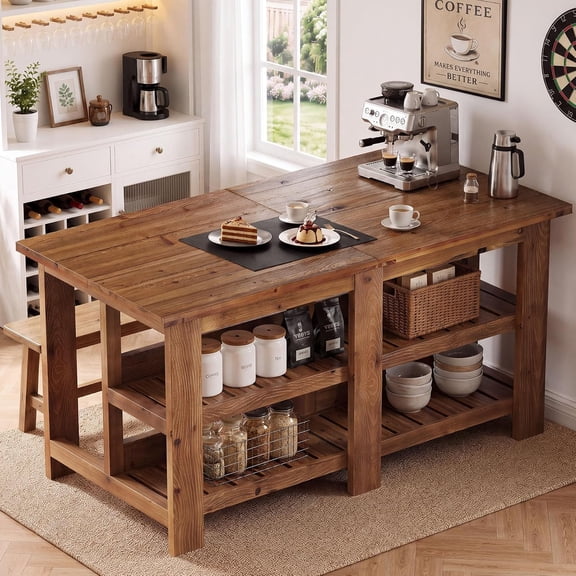 Finmind 71" Solid Wood Kitchen Island with Seating & Storage, Farmhouse Prep Table with 2-Tier Open Shelves, Counter Height Dining Table, Natural Brown
