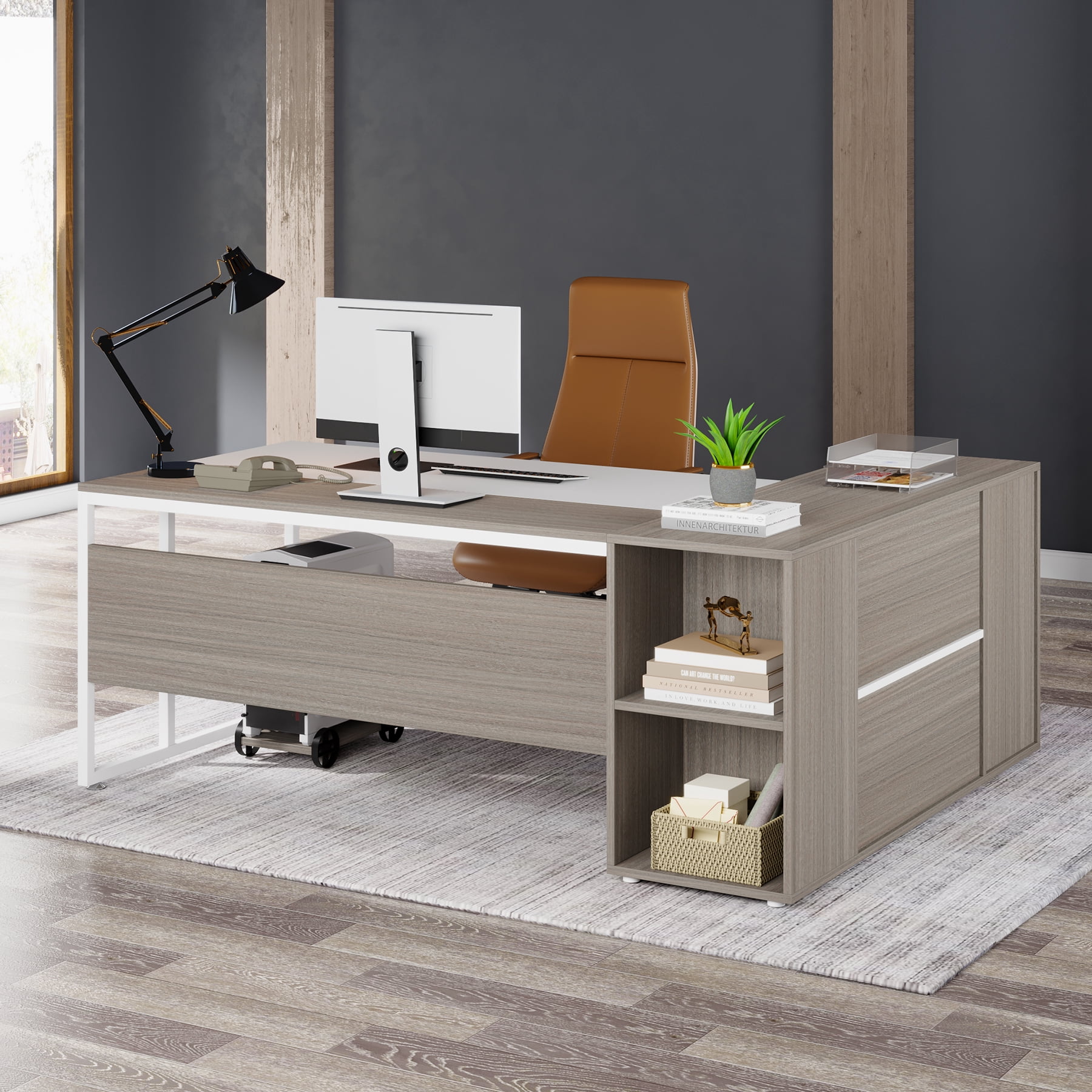 Finmind 71 inch Executive Desk, L Shaped Desk with Cabinet Storage, Executive Office Desk with Shelves, Business Furniture Set Workstation for Home Office, Gray and White
