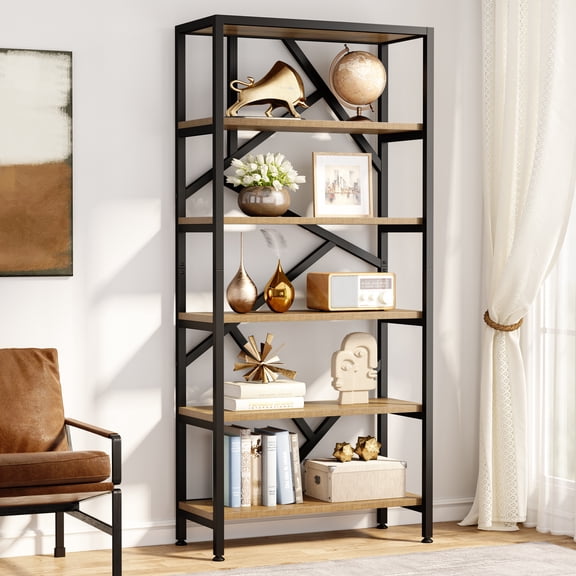 Finmind 71-inch Industrial Bookshelf, 6 Shelf Etagere Bookcase, FreeStanding Open Display Book Shelves for Bedroom, Living Room, Light Brown & Black