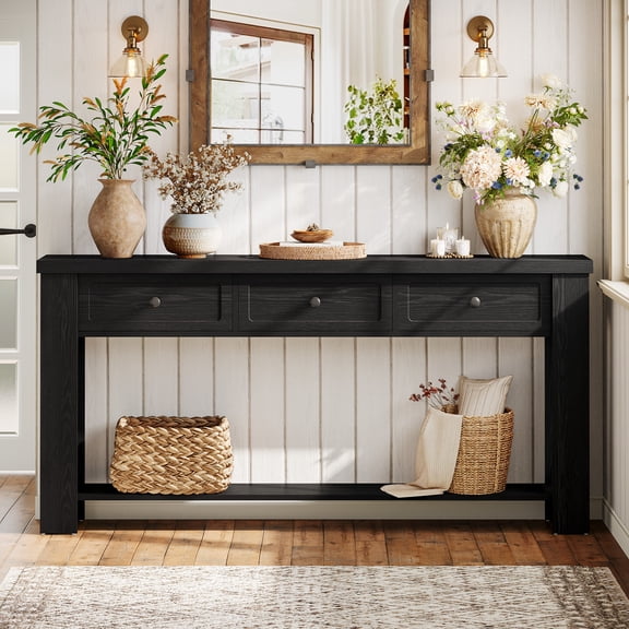 Finmind 71-inch Long Console Table with 3 Drawers, Farmhouse Entryway Table with Storage Shelf, Narrow Sofa Console Behind Couch, Black