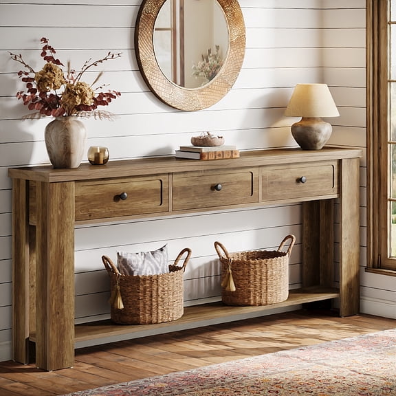 Finmind 71-inch Long Console Table with 3 Drawers, Farmhouse Entryway Table with Storage Shelf, Narrow Sofa Console Behind Couch, Brown