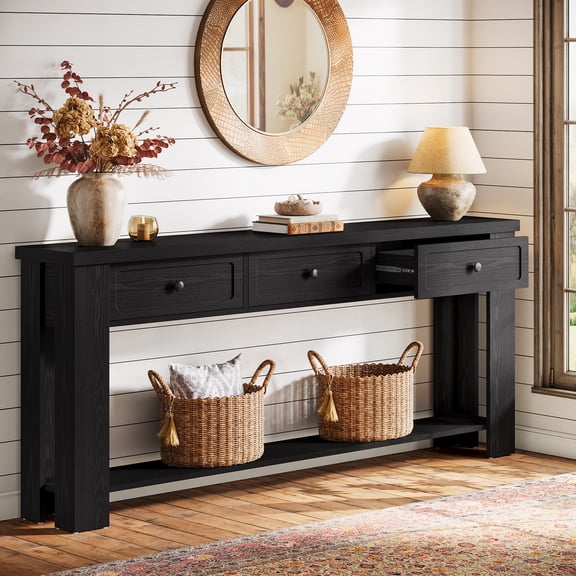 Finmind 71-inch Long Console Table with 3 Drawers, Farmhouse Entryway Table with Storage Shelf, Narrow Sofa Table Behind Couch, Black