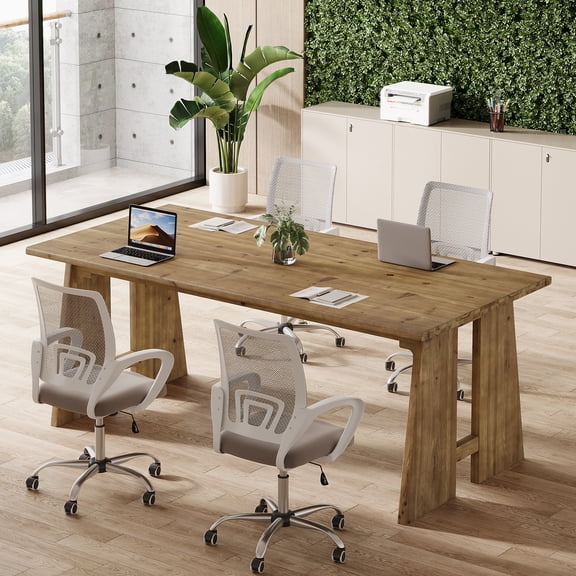 Finmind 71-inch Solid Wood Conference Table for 6-8 People, 6 ft Rectangle Meeting Table with Reinforced Legs for Office Conference Room, Brown