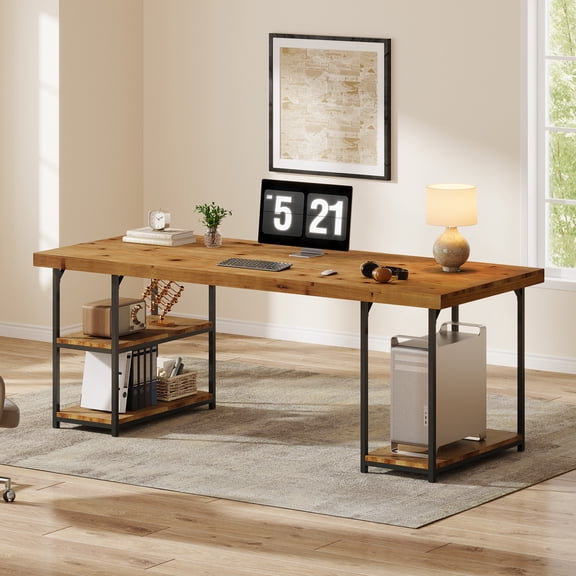 Finmind 71-inch Solid Wood Long Desk, Industrial Home Office Desk with Shelves, Large Office Computer Table, Light Brown & Black