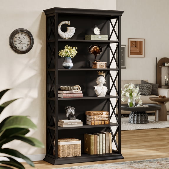 Finmind 71-inch Tall Bookshelf, 6-Tier Industrial Bookshelves and Bookcases, Freestanding Display Shelves for Living Room, Bedroom, All Black