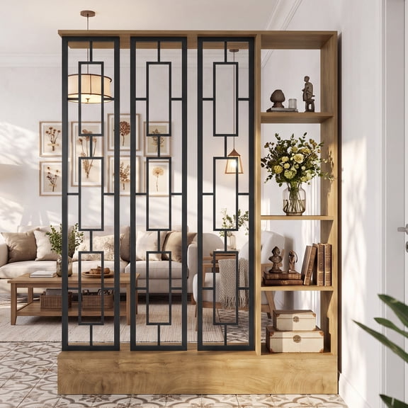 Finmind 71 inch Wall Room Divider, Freestanding Room Divider with Shelves for Living Room, Bedroom, Home , Wood Color + Black