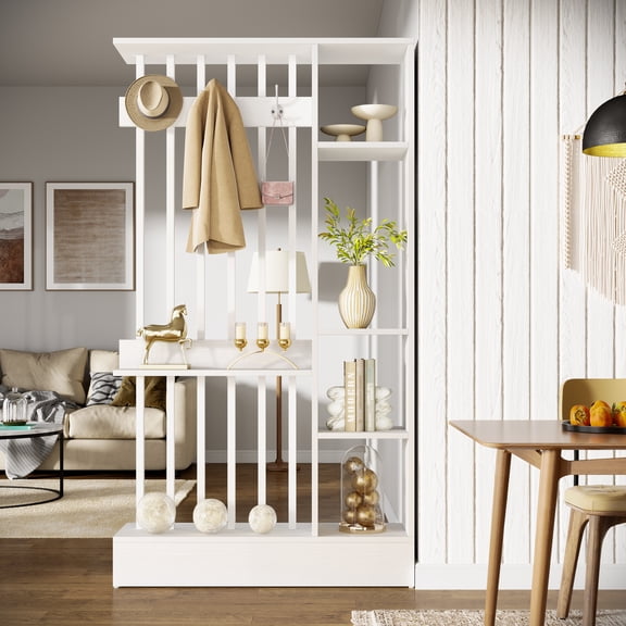 Finmind 71-inch Wall Room Divider, Freestanding Wood Room Divider Bookcase with Shelves & Coat Hooks, Industrial Wall Partition for Living Room, White