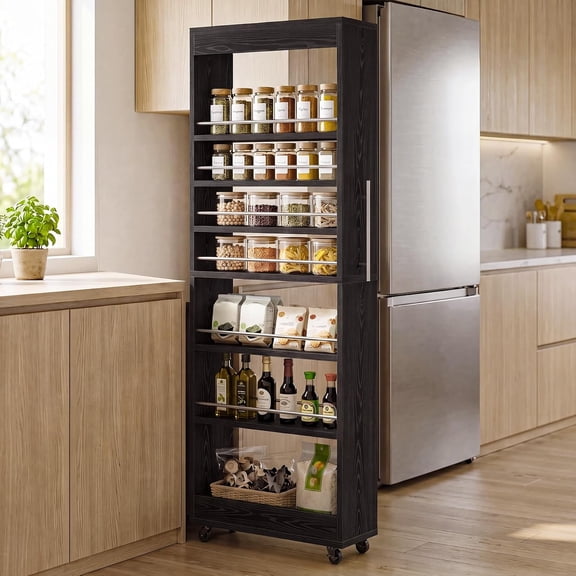 Finmind 73" Slim Storage Cart with Wheels, 7-Tier Narrow Pantry Cabinet, Rolling Spice Rack Organizer, Pull-Out Kitchen Shelf, Black