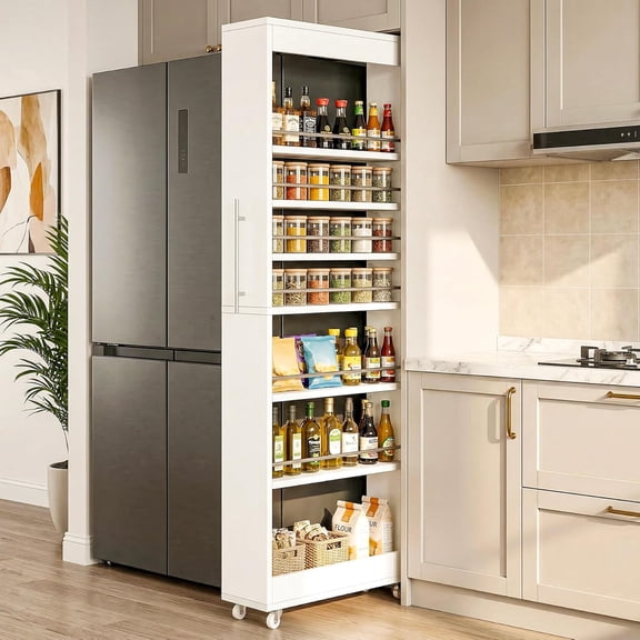 Finmind 73" Tall Slim Rolling Storage Cart, 7-Tier Narrow Pantry Cabinet on Wheels, Skinny Spice Rack Organizer for Kitchen Small Spaces, White