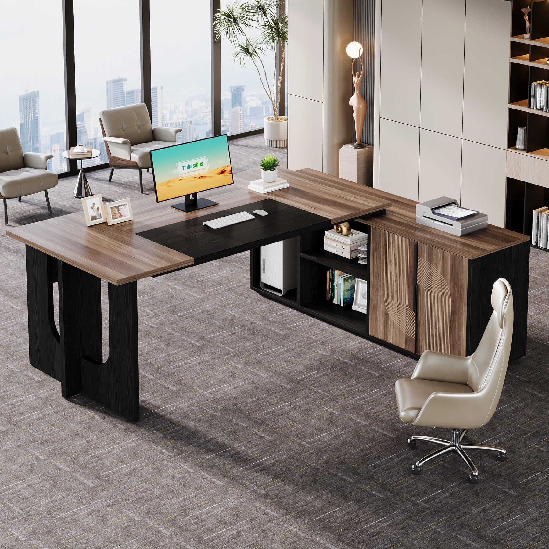 Finmind 74.8 Inch Executive Desk, Large Office Desk with Cabinet, L Shaped  Computer Desk with Shelves and CPU Storage, Modern Home Office Desks ..., image size:1800x1800