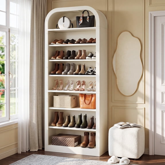 Finmind 74" Tall Shoe Storage Cabinet, 8-Tier Freestanding Shoe Rack Organizer for 40-45 Pairs, Open Storage for Entryway, White