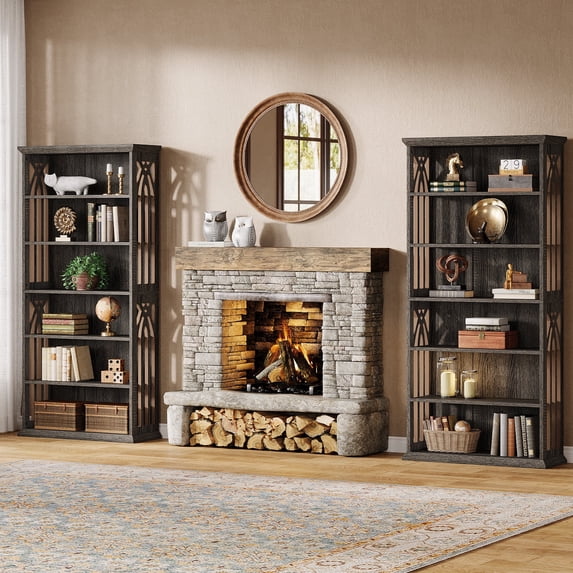 Finmind 75-inch Tall Bookcase, 6-Tier Wooden Bookshelf, Large Freestanding Display Shelves for Living Room, Home Office, Bedroom, Gray (Set of 2)