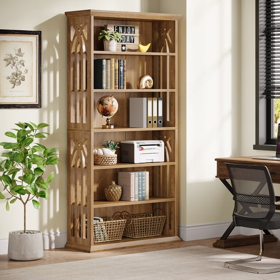 Finmind 75-inch Tall Bookcase, 6-Tier Wooden Bookshelf, Large Freestanding Display Shelves for Living Room, Home Office, Bedroom, Light Brown
