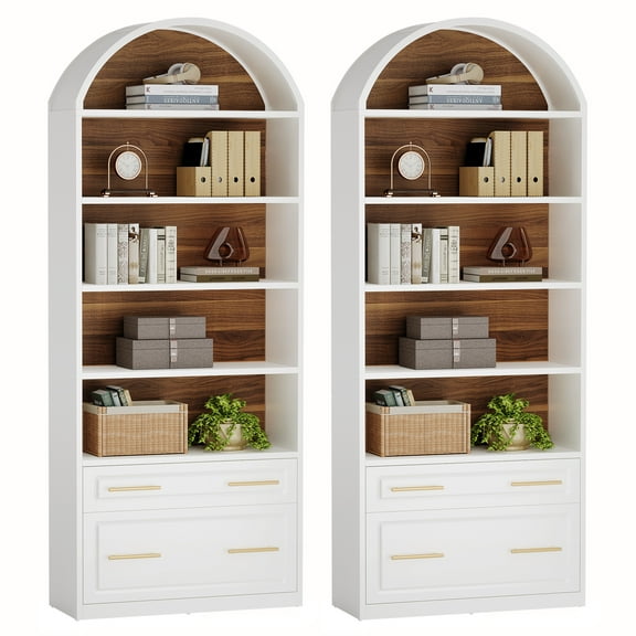Finmind 77" Tall Arched Bookcase Set of 2, 5-Tier Modern White Bookshelf with File Cabinet Drawer