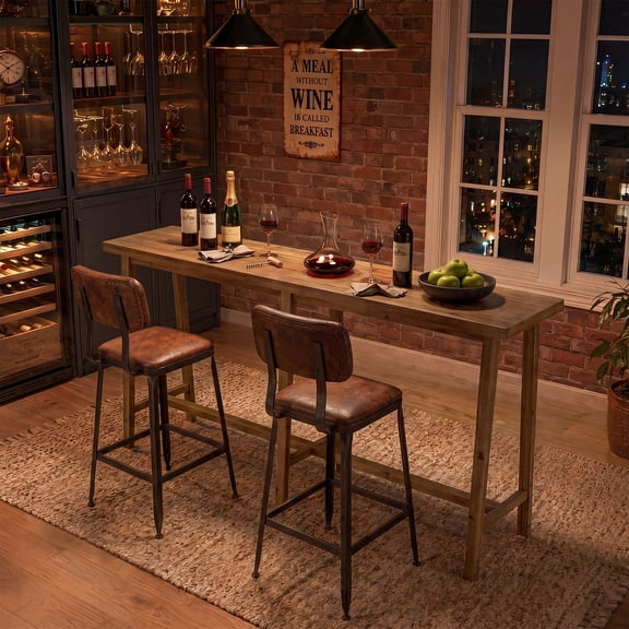 Finmind 78.7" Home Bar Tale Unit, Solid Wood Counter Height Pub Table for Dining Room, Bistro, Brown