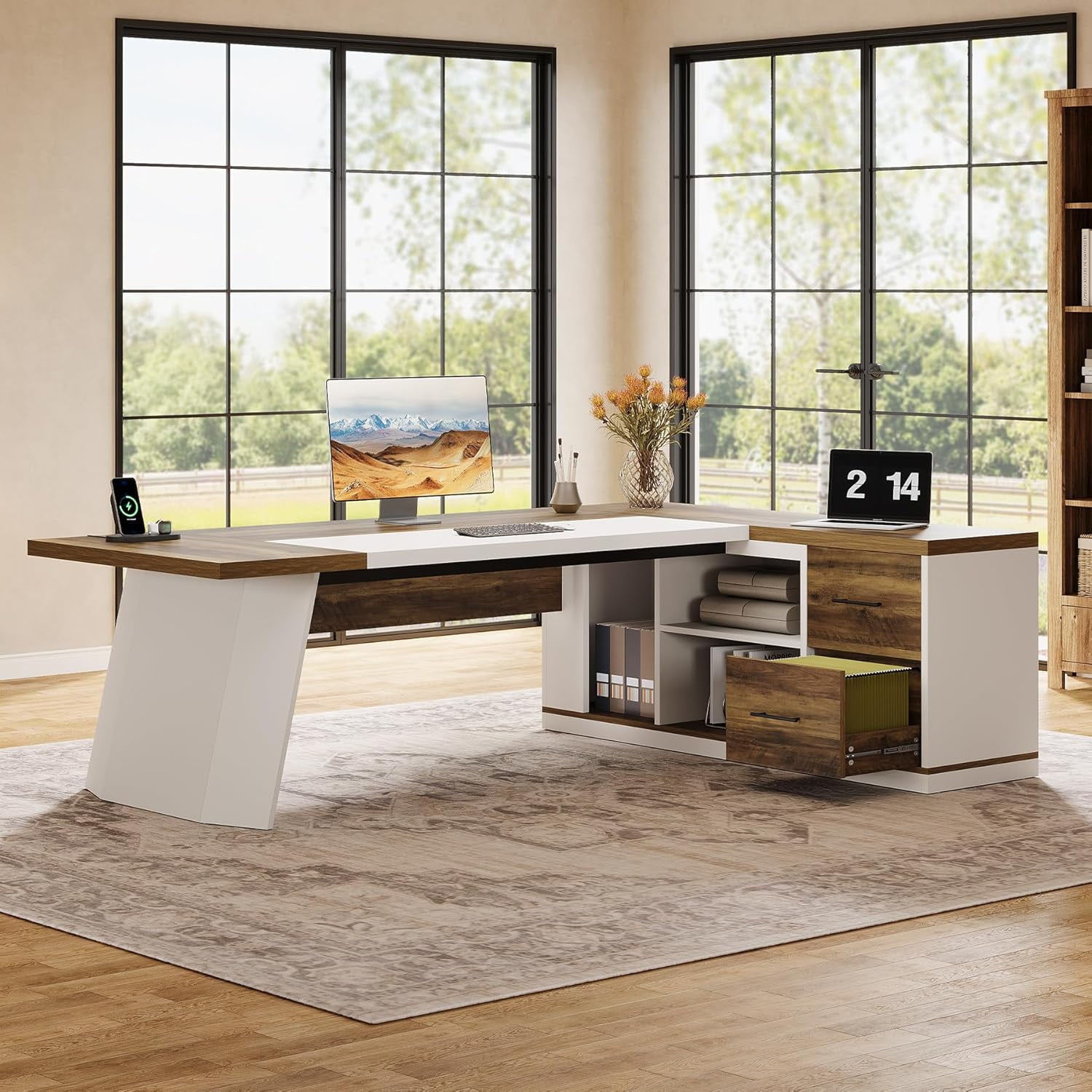 Finmind 78.7" L-Shaped Executive Desk, Modern Office Computer Desk with 55" Storage Cabinet, Drawers & Shelves, Brown & White