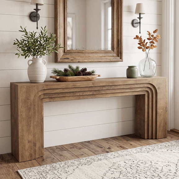 Finmind 78.7" Long Console Table, Modern Farmhouse Narrow Sofa Table with Layered Curved Frame for Living Room, Hallway, Behind Couch, Light Oak