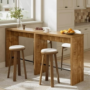 Finmind 78.74" Extra Long Narrow Bar Table, High Top Counter Table with Sturdy Iron Footrest, Modern Tall Table for Kitchen, Dining Room, Living Room, Wood Color