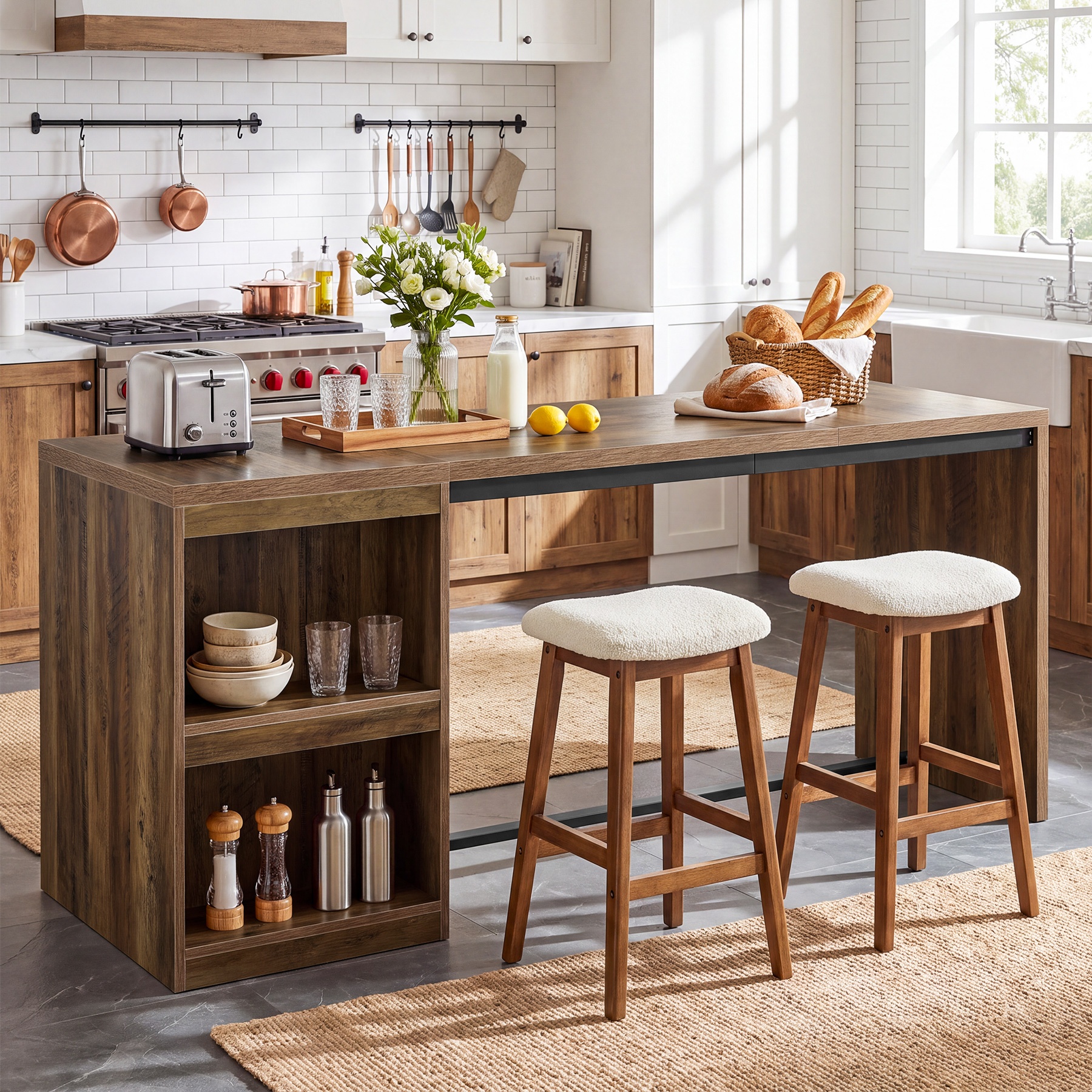 Finmind 78.74" Kitchen Island with 2 Shelves and Mini Fridge Space, Large Stationary Island Table for Kitchen & Dining Room, Rustic Brown & Black