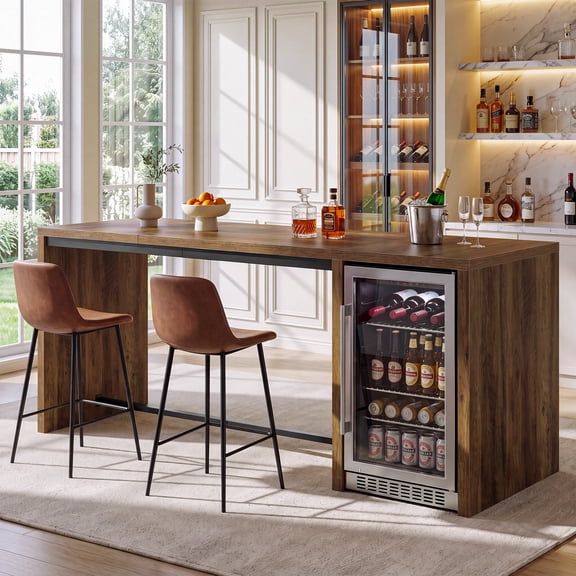 Finmind 78.74" Long Bar Table, Extra Large Counter Height Pub Table with 2 Shelves, Fits for Basement, Kitchen, Living Room, Rustic Brown and Black