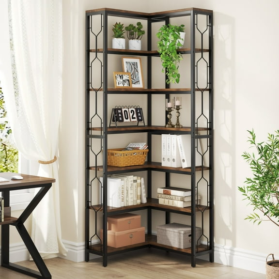 Finmind 78.74" Tall Corner Shelf, 7-Tier Industrial Corner Bookshelf, Wood and Metal Freestanding Display Shelf Etagere Bookcase, Rustic Brown & Black