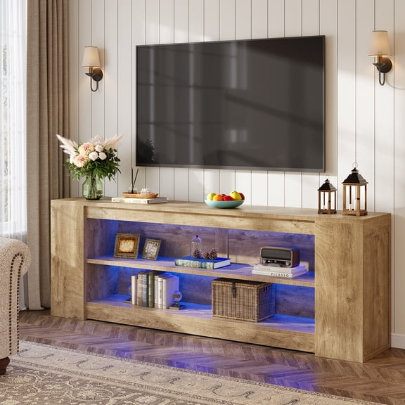 Finmind 78" LED Light TV Stand for TVs up to 90", 3-Tier Farmhouse Entertainment Center with Open Storage for Living Room, Bedroom, Rustic Brown