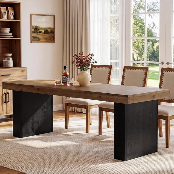 Finmind 78" Farmhouse Dining Table for 6-8, Solid Wood Rectangular Kitchen Table with Large Tabletop & Double Base, Rustic Brown & Black for Dining & Living Room