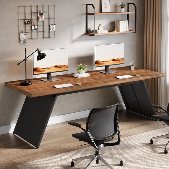 Finmind 79" Double Desk for Two People, Extra Long Computer Desk with Walnut Top & Black Base, 2 Person Home Office Writing & Gaming Table