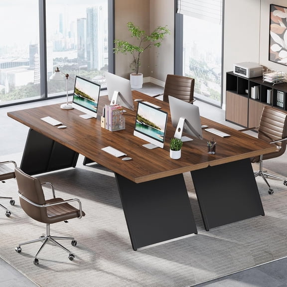Finmind 79" Double Desk for Two, Walnut Wood Top with Black Metal Base, Heavy-Duty Home Office Table