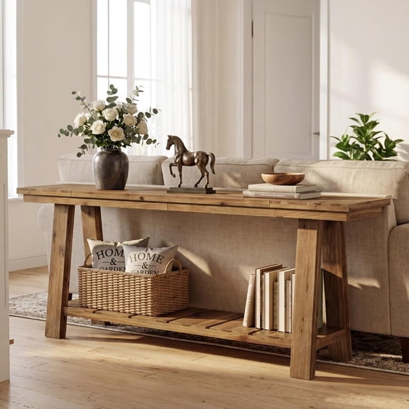 Finmind 79" Extra Long Solid Wood Console Table, Farmhouse Entryway Sofa Table with 2-Tier Storage, A-Frame, Brown