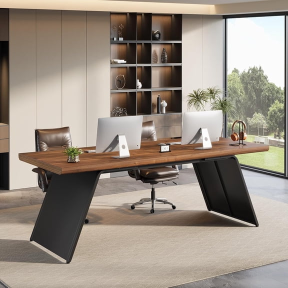 Finmind 79-Inch Extra Long Computer Desk for 2 People, Modern executive desk, Double Desk with Walnut Wood Top, Heavy Duty 2 Person Home Office Writing & Gaming Table