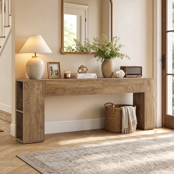 Finmind 79-Inch Extra Long Console Table, Entryway Table with 2 Drawers and Side Storage Shelves, Farmhouse Behind Couch Table for Entrance, Hallway, Foyer, Living Room, Brown
