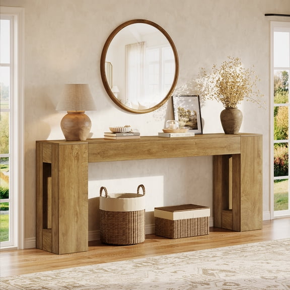 Finmind 79-Inch Long Entryway Table, Narrow Sofa Table Behind Couch for Entryway, Hallway, Light Brown