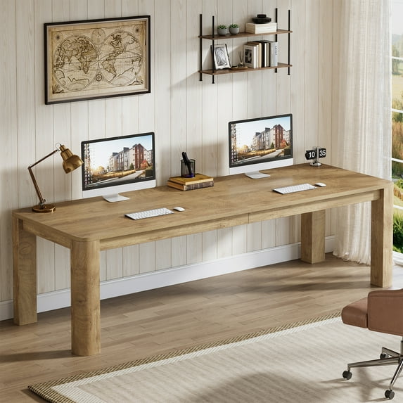 Finmind 79-Inch Two Person Desk for Home Office, Extra Long Desk Double Computer Table Large Writing Workstation, Light Brown