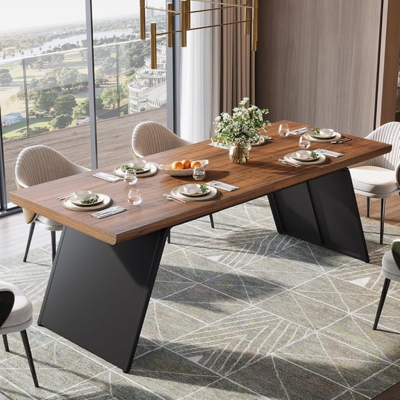 Finmind 79" Long Dining Table for 6, Narrow Rectangular Kitchen Table with Walnut Wood Top & Black Metal Base, Heavy-Duty Dining Room Table