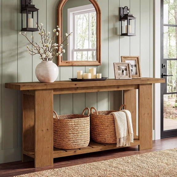 Finmind 79" Solid Wood Console Table, Extra-Long Farmhouse Entryway Sofa Table with 2-Tier Storage, Narrow Behind Couch Table, Brown