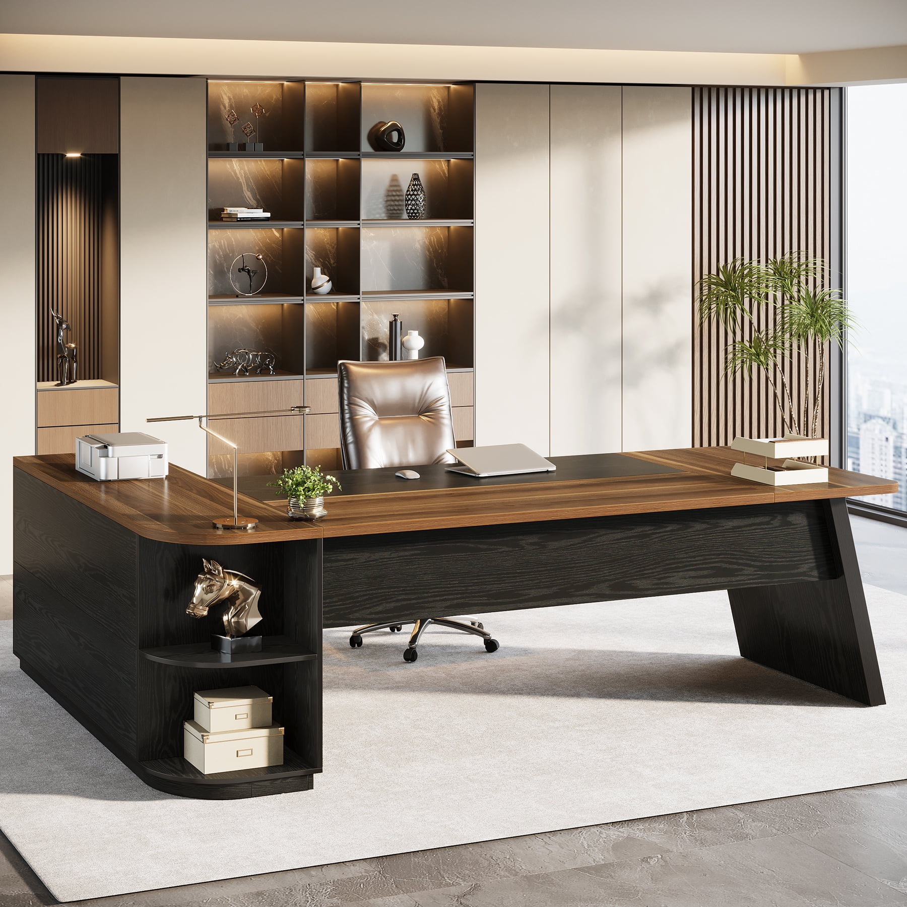 Finmind 79-inch Executive Desk, Large Office Desk with Cabinet, L-Shaped Computer Table with Storage Shelves for Home Office, Walnut and Black