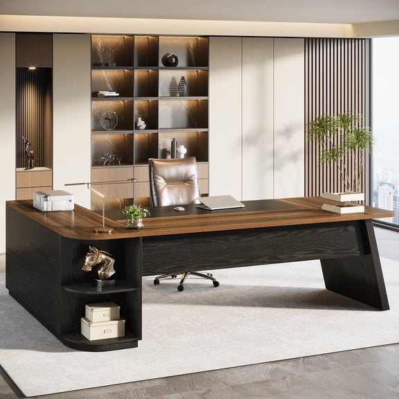 Finmind 79-inch Executive Desk, Large Office Desk with Cabinet, L-Shaped Computer Table with Storage Shelves for Home Office, Walnut and Black