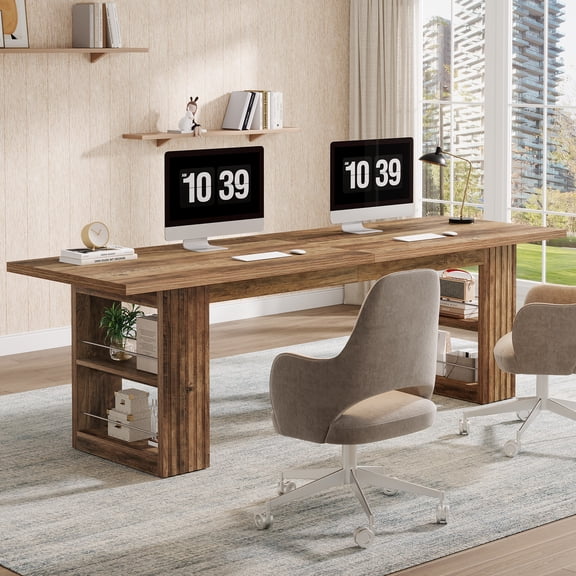 Finmind 79-inch Extra Long Desk, 2-Person Computer Double Desk with Storage Shelves, Large Conference Table for Home Office, Rustic Brown