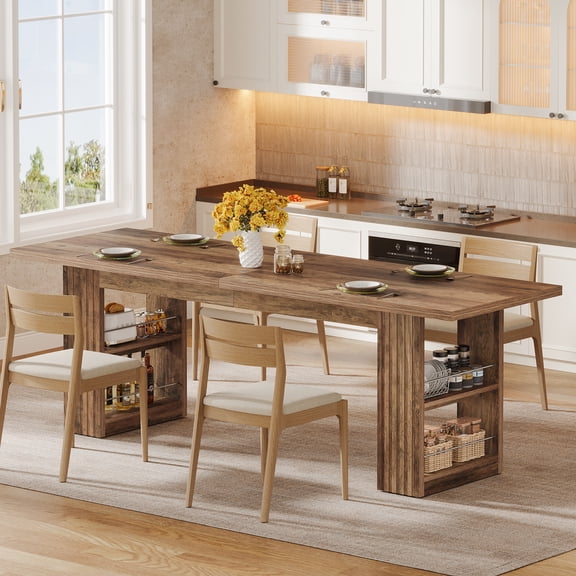 Finmind 79-inch Extra Long Dining Table for 6-8, Farmhouse Kitchen Table with Storage Shelves, for Dining Room & Kitchen, Rustic Brown