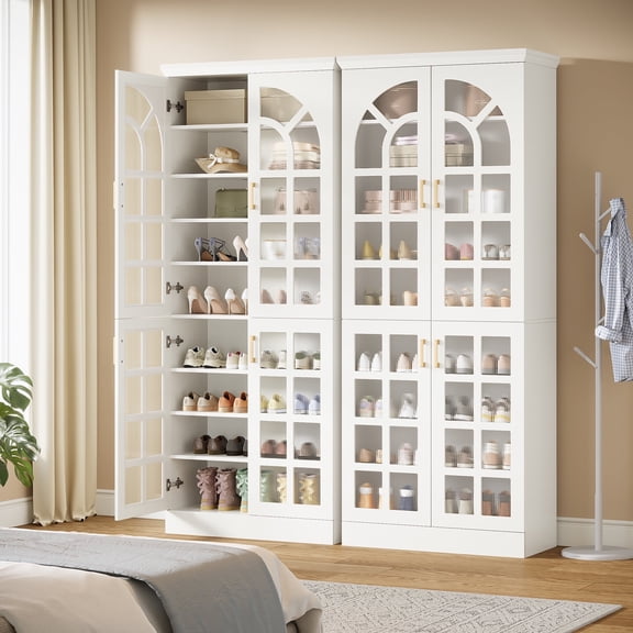 Finmind 8-Tier Shoe Cabinet with Doors and Led Lights, 76 Inch Tall Shoe Organizer with Adjustable Shelves for Living Room Set of 2, White