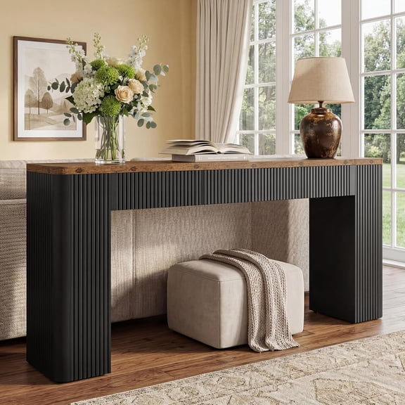 Finmind 82.7" Extra Long Fluted Console Table, Narrow Farmhouse Sofa Table Behind Couch with Curved Edges for Hallway, Living Room, Rustic Brown & Black