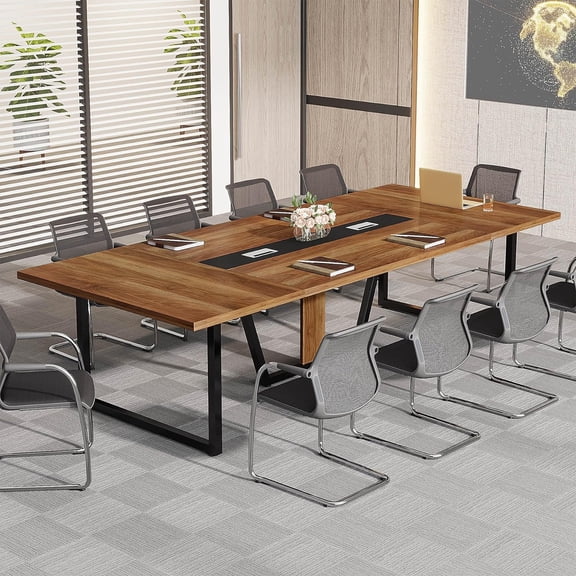 Finmind 8FT Conference Table Set of 2, Large Meeting & Training Table for 10, Wooden Office Podcast Table with Metal Frame