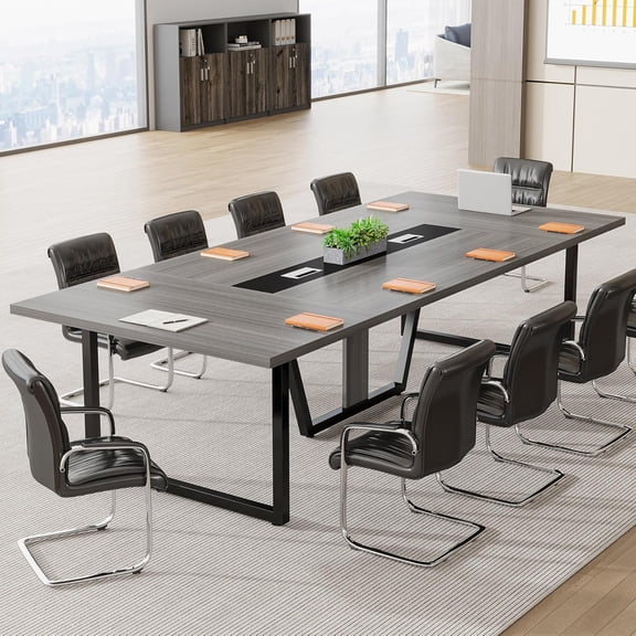 Finmind 8FT Conference Table for 10 People, Large Wooden Meeting Table with Metal Frame for Office, Grey