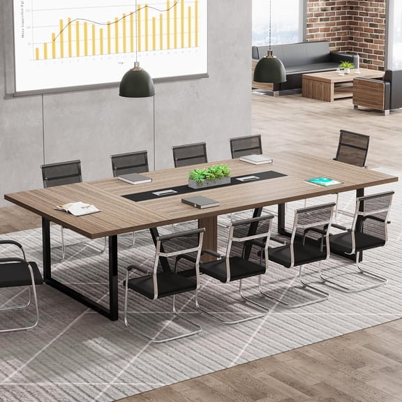 Finmind 8FT Conference Table for 10 People, Large Wooden Meeting Table with Metal Frame for Office, Light Mocha Brown