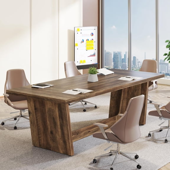 Finmind 8FT Conference Table for 10 People, Large Wooden Meeting Table with Strong Metal Frame for Office, Brown