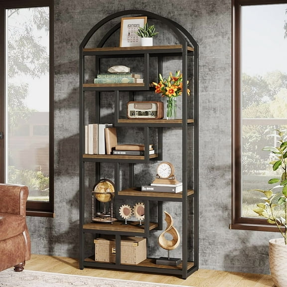 Finmind Arched Bookshelf, 71" TallEtagere Bookcase with Open Shelves for Home Office, Rustic Brown & Black
