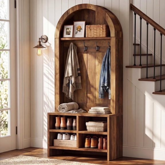 Finmind Arched Hall Tree with Bench & Shoe Storage, 70.9"H Tall Coat Rack with 4 Hooks & Cubbies, 4-in-1 Entryway Organizer for Mudroom, Hallway, Brown