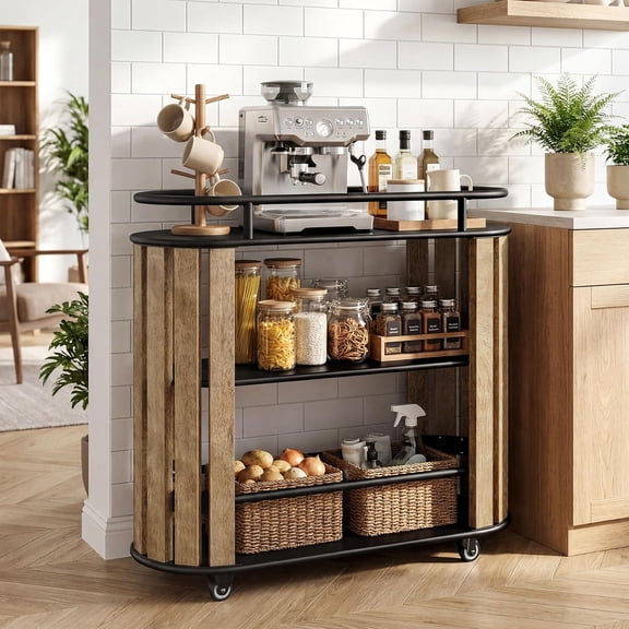 Finmind Bar Cart, 3-Tier Rolling Serving Cart with Wheels, Dining Room, Rustic Brown